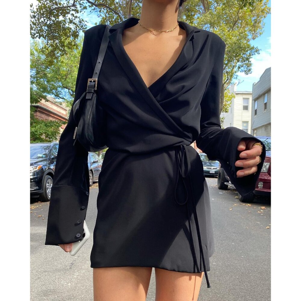NWT Orseund Iris Boxy Crepe Wrap Mini Dress in Black - Size S